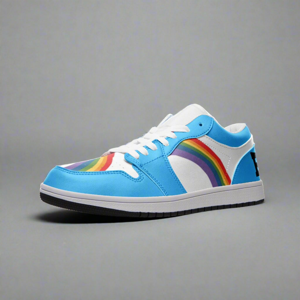 Rainbow pride blue low-top sneakers, back view — Rose Gold Co