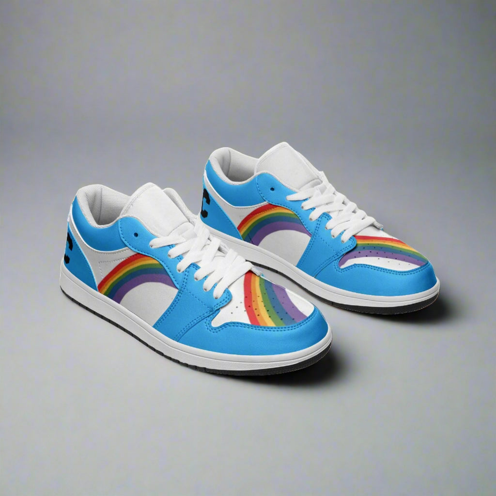 Rainbow pride blue low-top sneakers, side view — Rose Gold Co