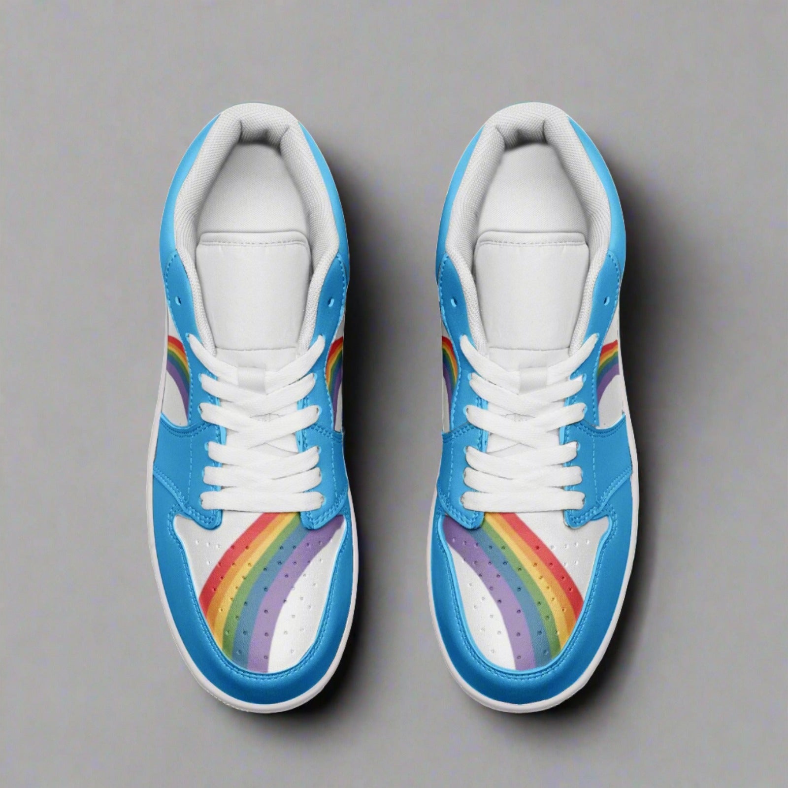 Rainbow pride blue low-top sneakers, detail view — Rose Gold Co