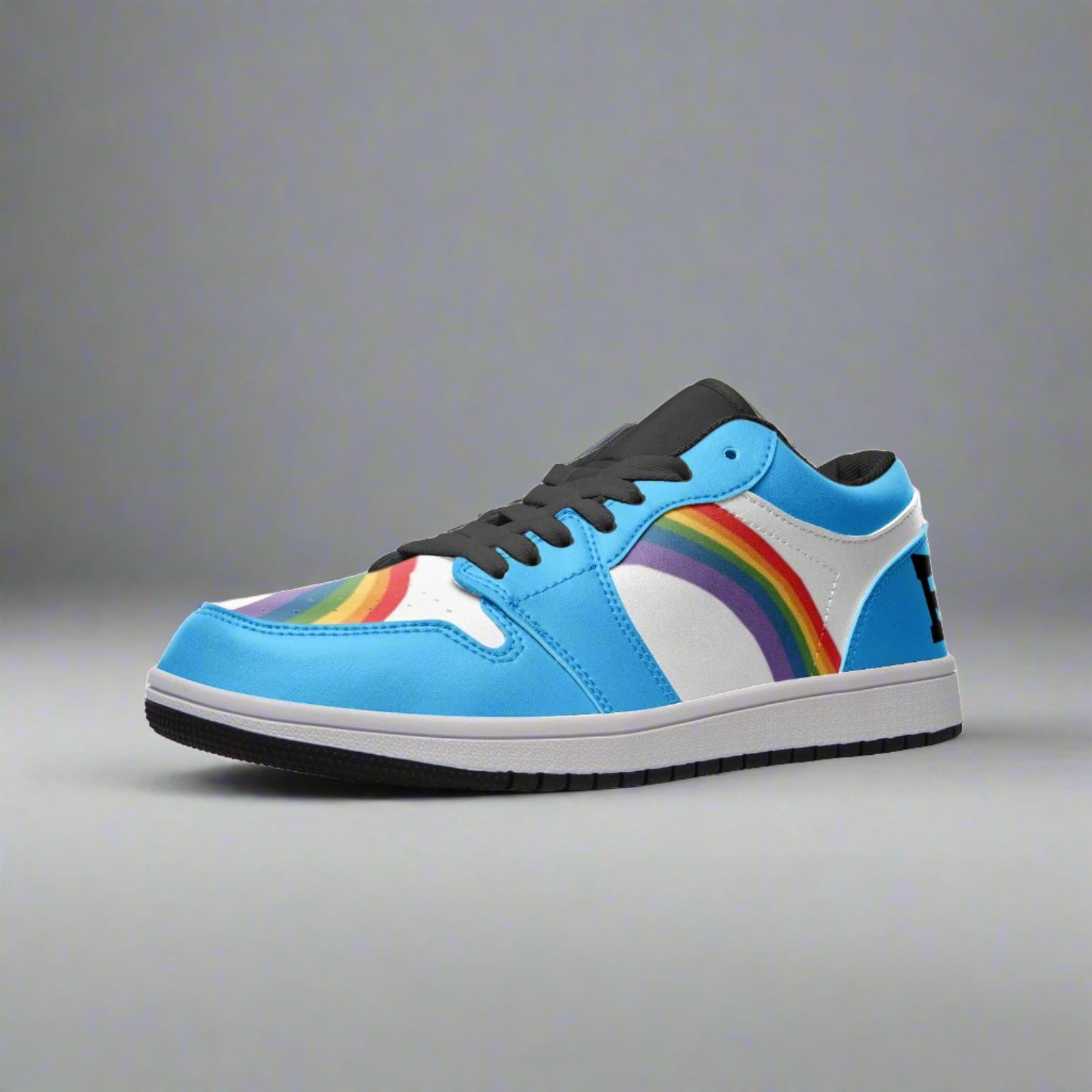 Rainbow pride blue low-top sneakers, flat lay — Rose Gold Co