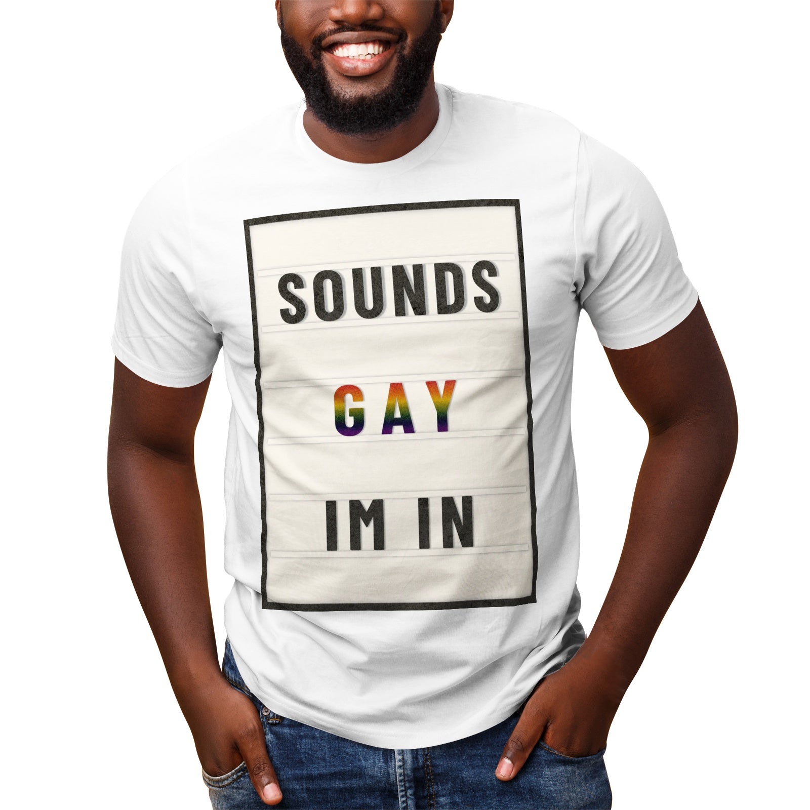 Sounds Gay I'm In marquee letter tee, side view — Rose Gold Co