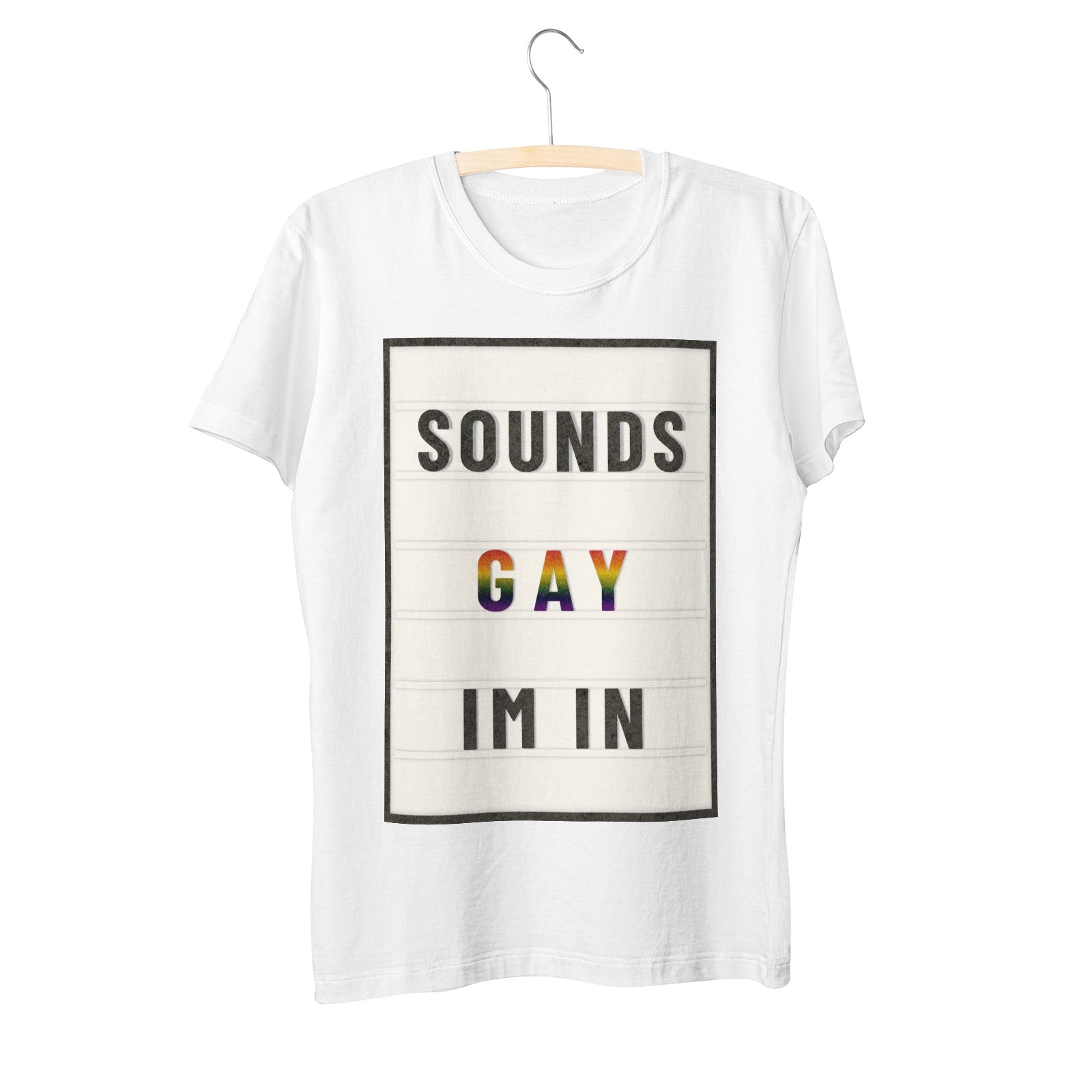 Sounds Gay I'm In marquee letter tee, detail view — Rose Gold Co