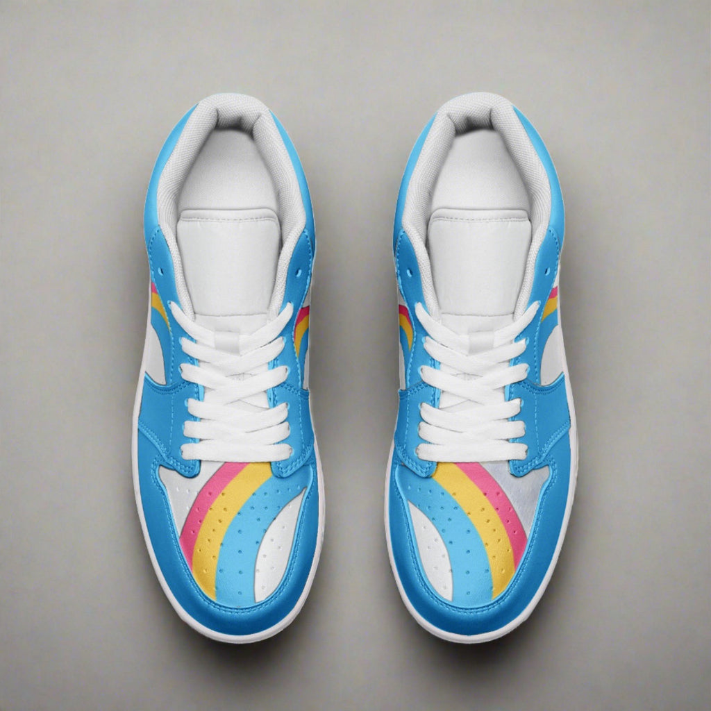 Pansexual pride baby blue low-top sneakers, side view — Rose Gold Co