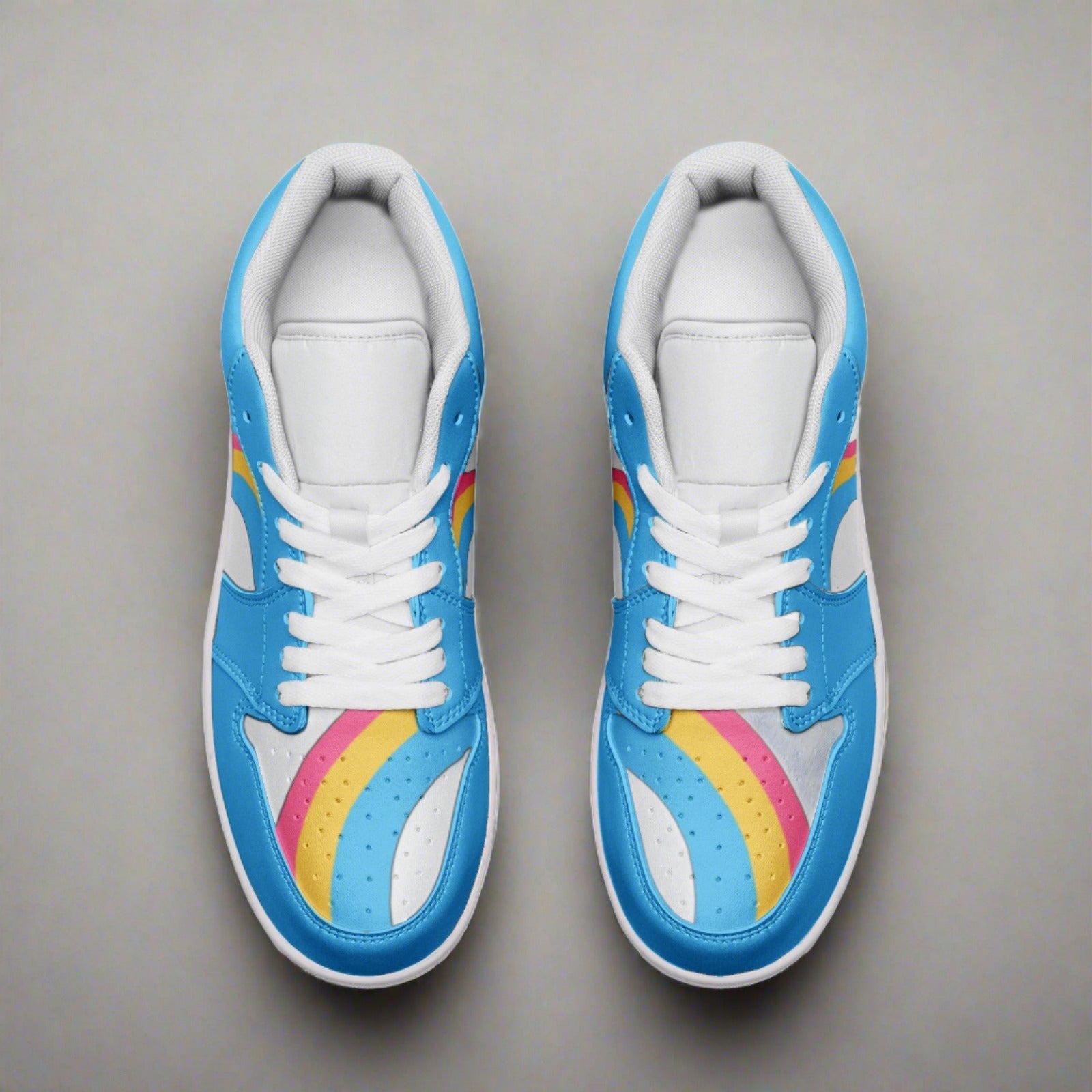 Pansexual pride baby blue low-top sneakers, side view — Rose Gold Co