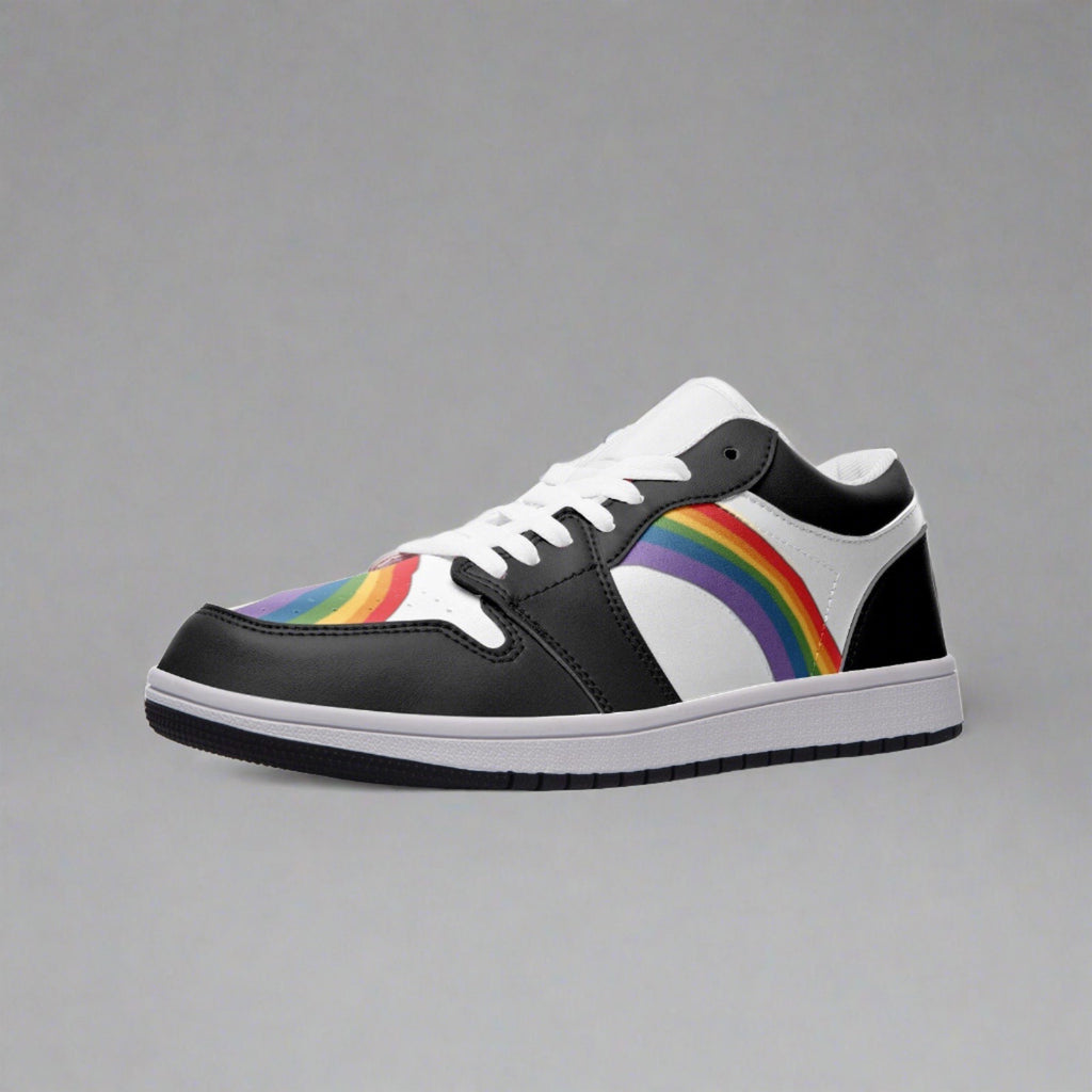 Rainbow pride black low-top sneakers, flat lay — Rose Gold Co