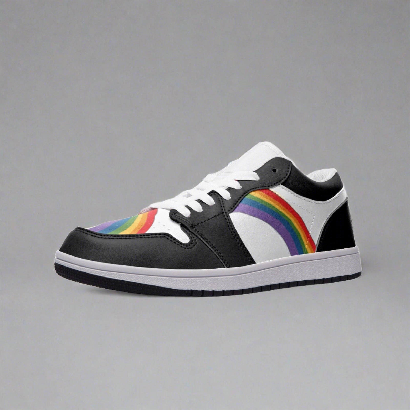 Rainbow pride black low-top sneakers, flat lay — Rose Gold Co