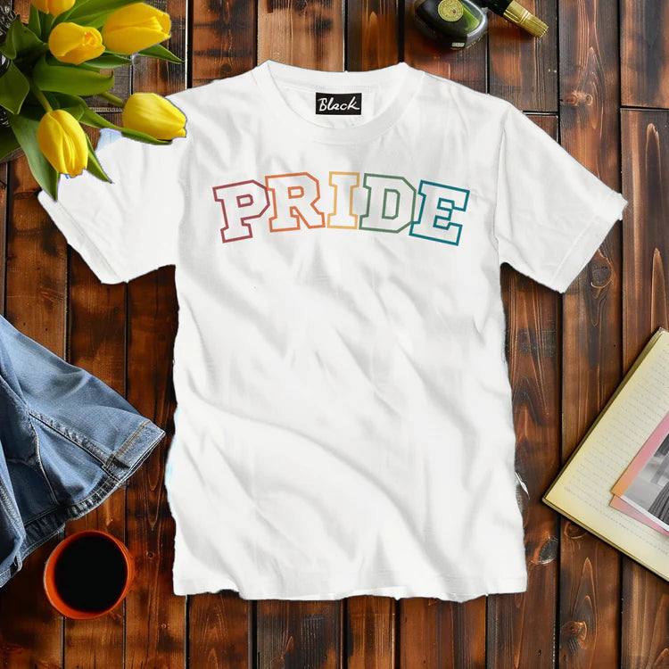 PRIDE rainbow varsity lettering tee, view 4 — Rose Gold Co