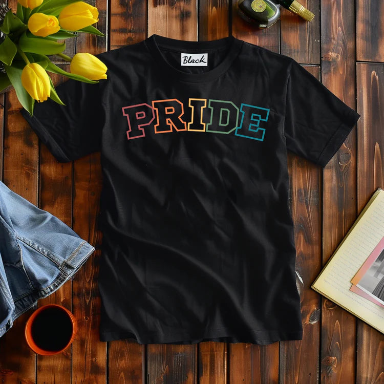PRIDE rainbow varsity lettering tee, view 3 — Rose Gold Co