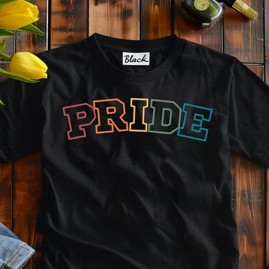 PRIDE rainbow varsity lettering tee, view 2 — Rose Gold Co