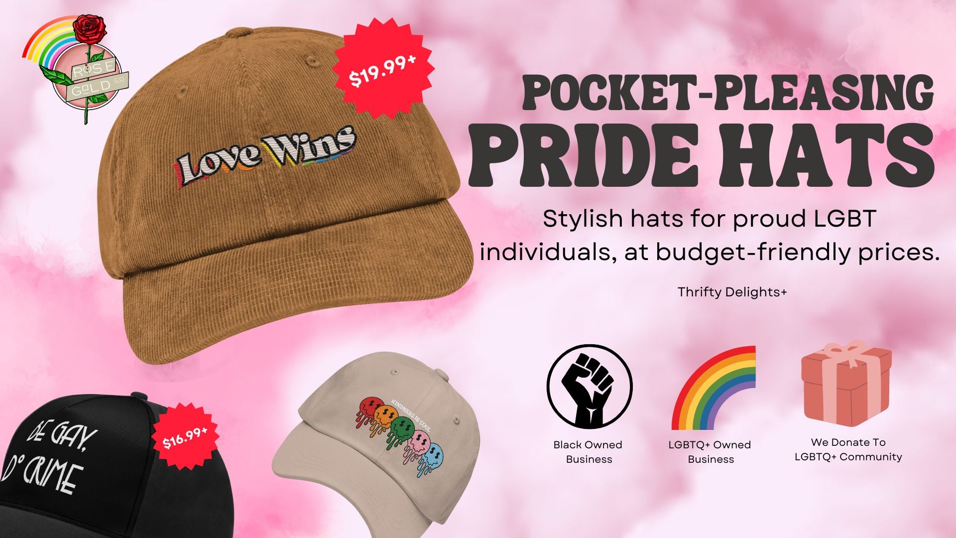 Pocket please pride hats,  Stylish hats for proud queer individuals, offered at budget-friendly prices.