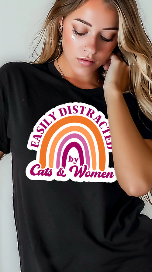 Easily Distracted by Cats and Women tee, back view — Rose Gold Co