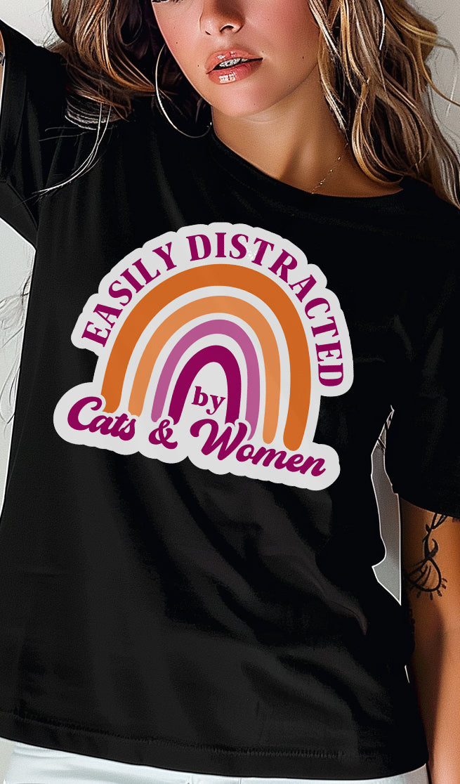 Easily Distracted by Cats and Women tee, front view — Rose Gold Co