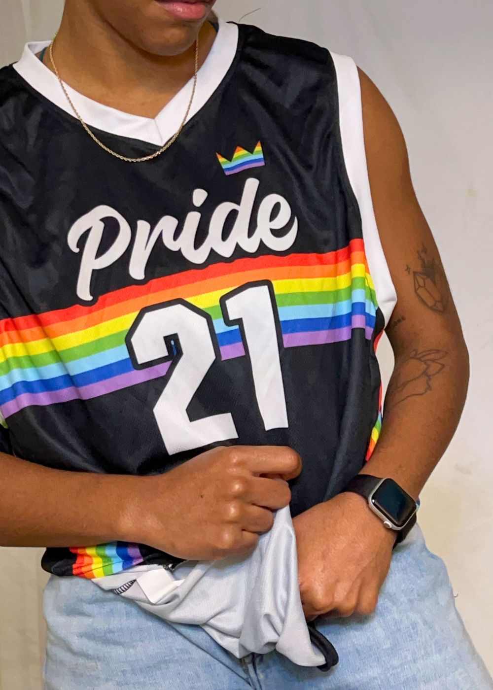 Rainbow pride recycled basketball jersey, view 4 — Rose Gold Co