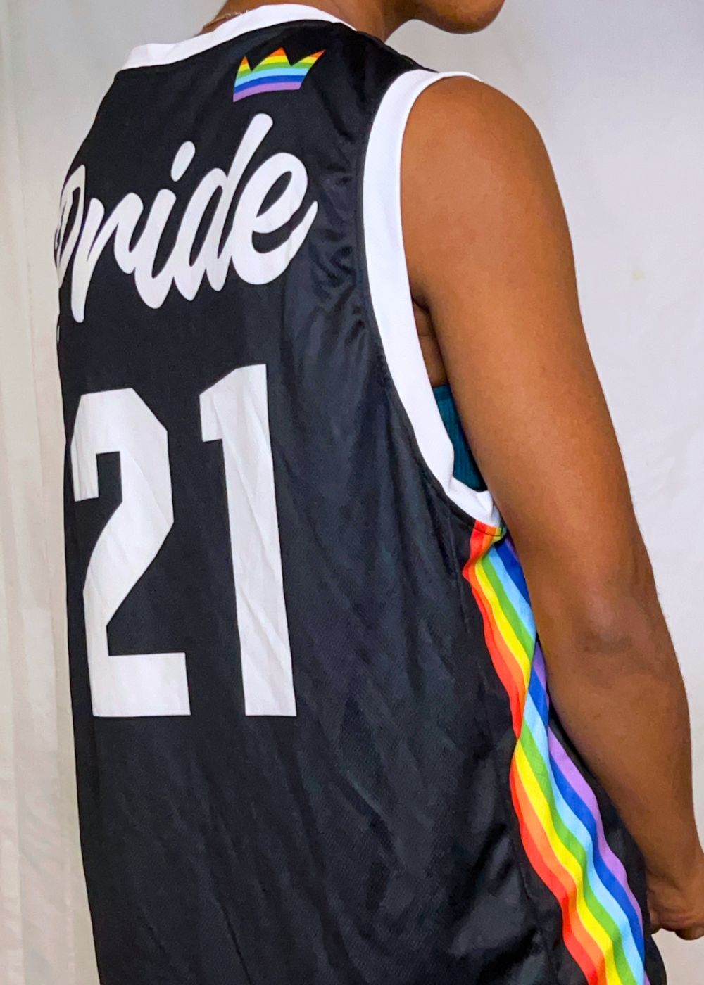 Rainbow pride recycled basketball jersey, view 2 — Rose Gold Co