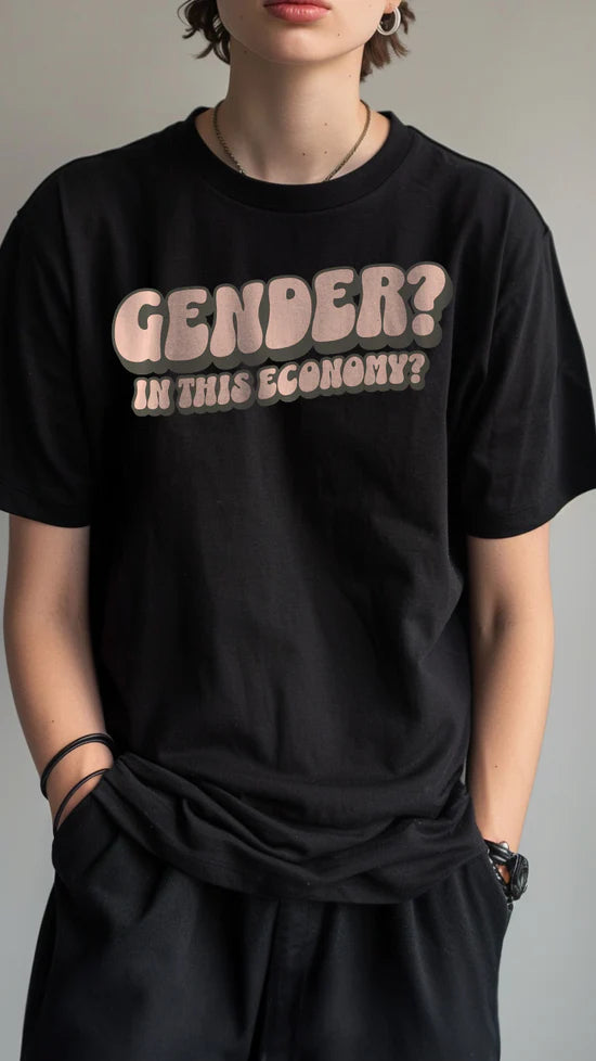 "Gender? In This Economy?" nonbinary humor tee, view 2 — Rose Gold Co