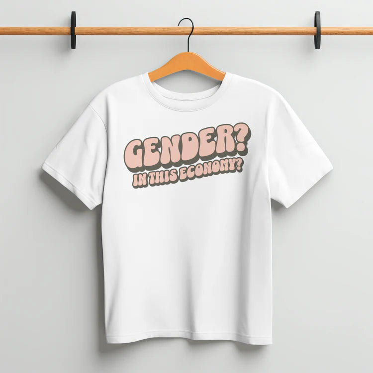 "Gender? In This Economy?" nonbinary humor tee, view 7 — Rose Gold Co