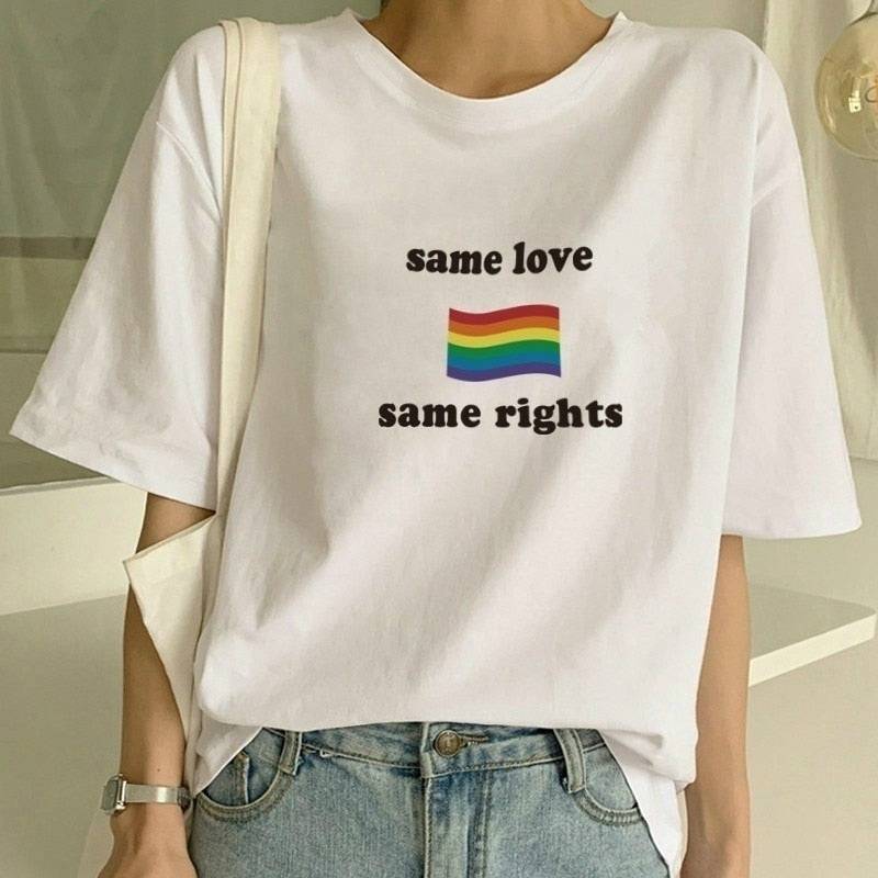Same Love Same Rights rainbow flag tee, view 4 — Rose Gold Co