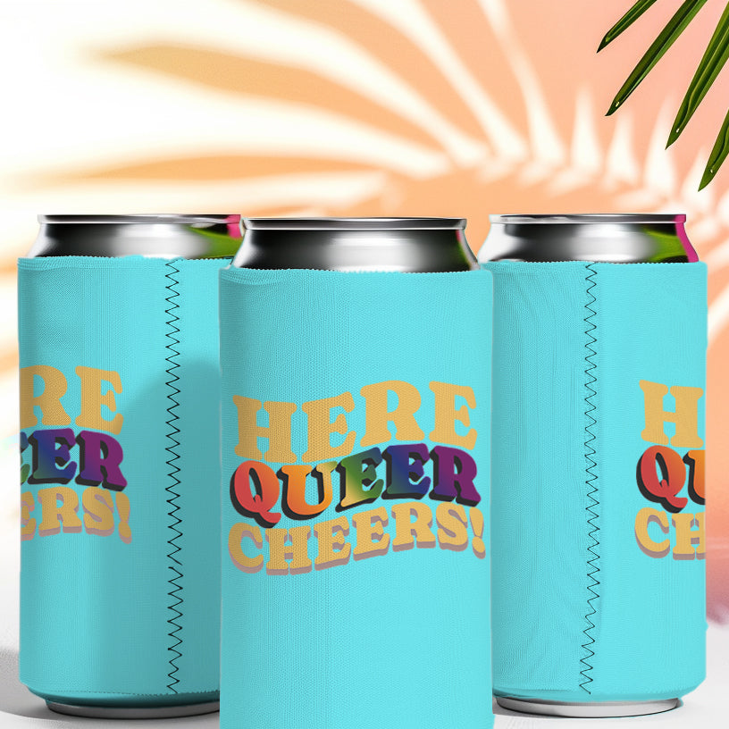 Here Queer Cheers can cooler, front view — Rose Gold Co