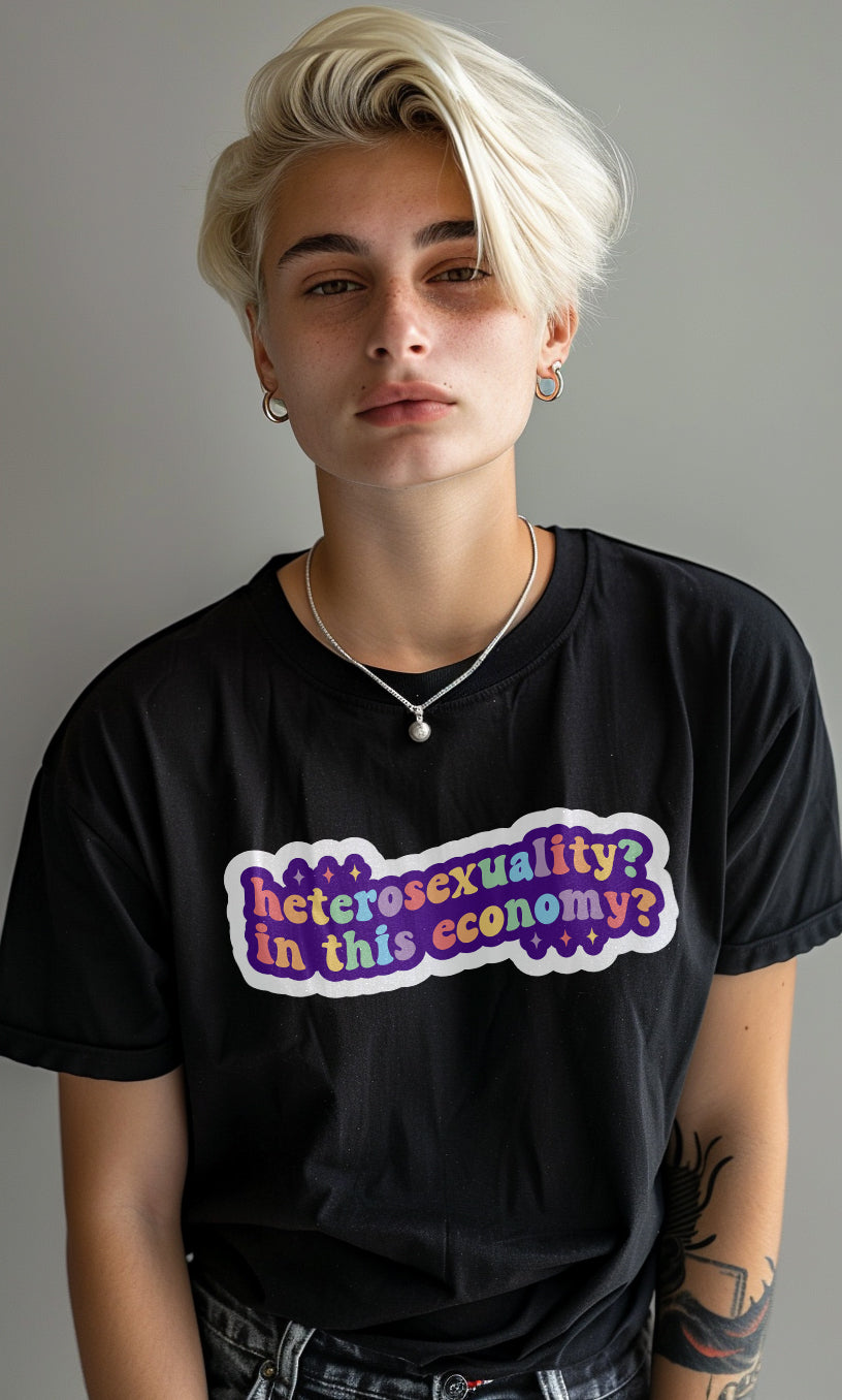 Heterosexuality In This Economy tee, back view — Rose Gold Co