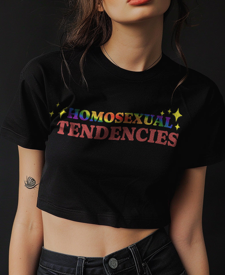 Homosexual Tendencies crop tee, back view — Rose Gold Co