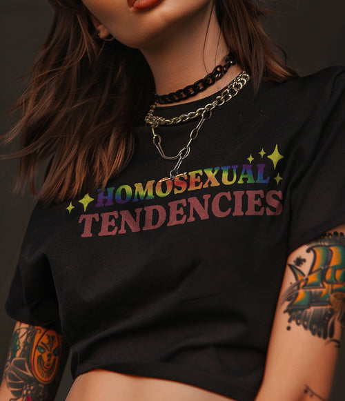 Homosexual Tendencies crop tee, front view — Rose Gold Co