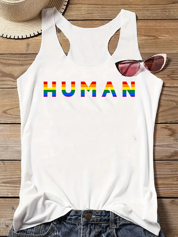 Human rainbow pride tank top in white, view 5 — Rose Gold Co