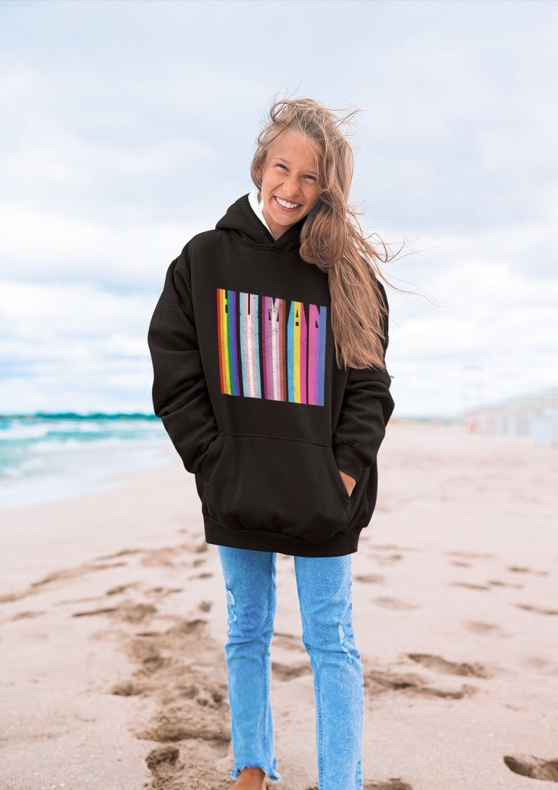 Human Spreading Rainbow Flag hoodie, view 3 — Rose Gold Co