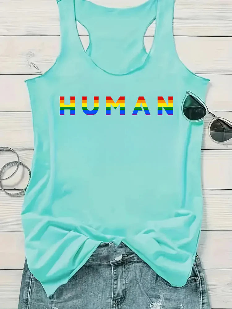 Human rainbow pride tank top in blue, front — Rose Gold Co