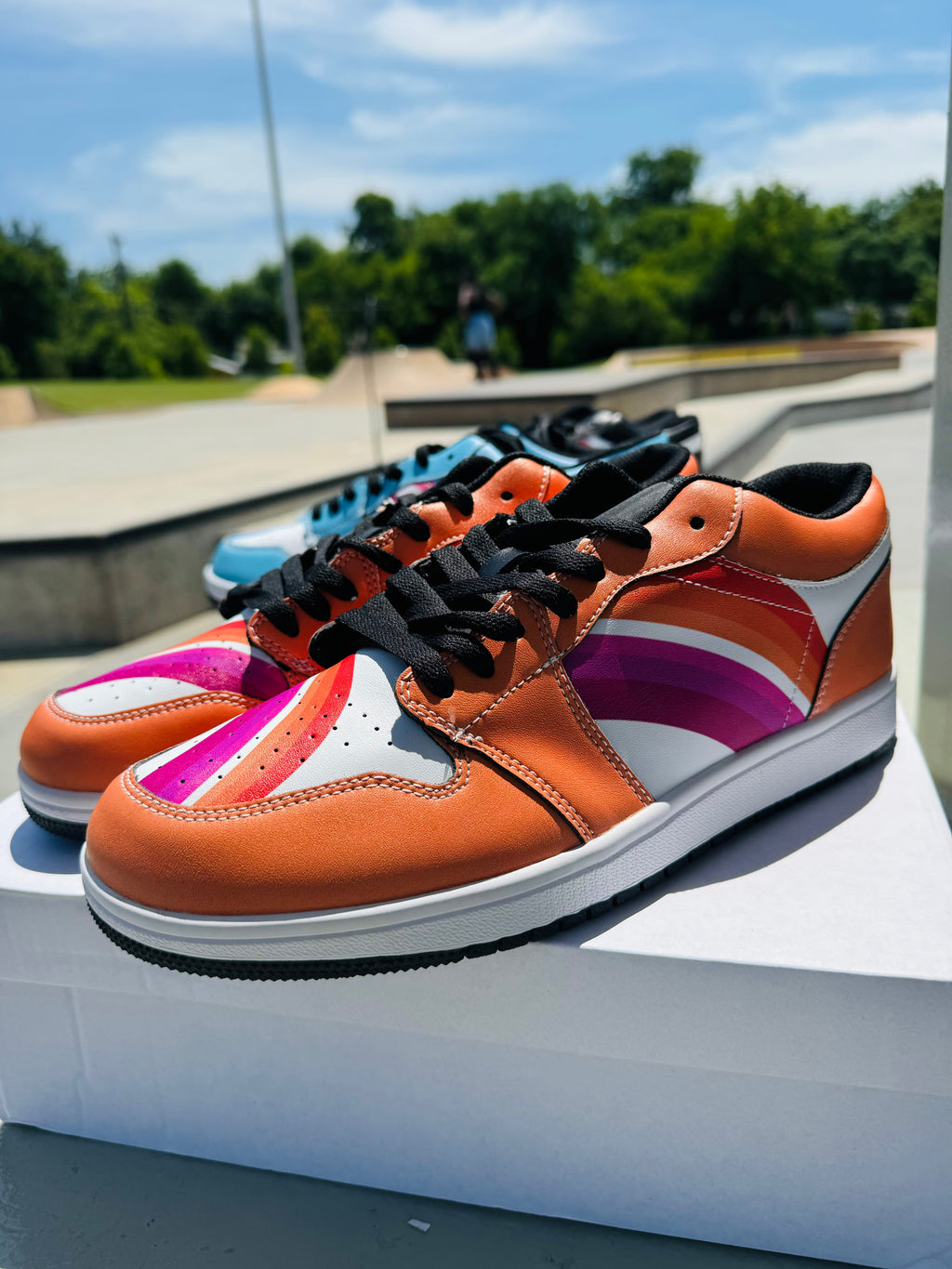 Sunset lesbian pride low-top sneakers, detail view — Rose Gold Co