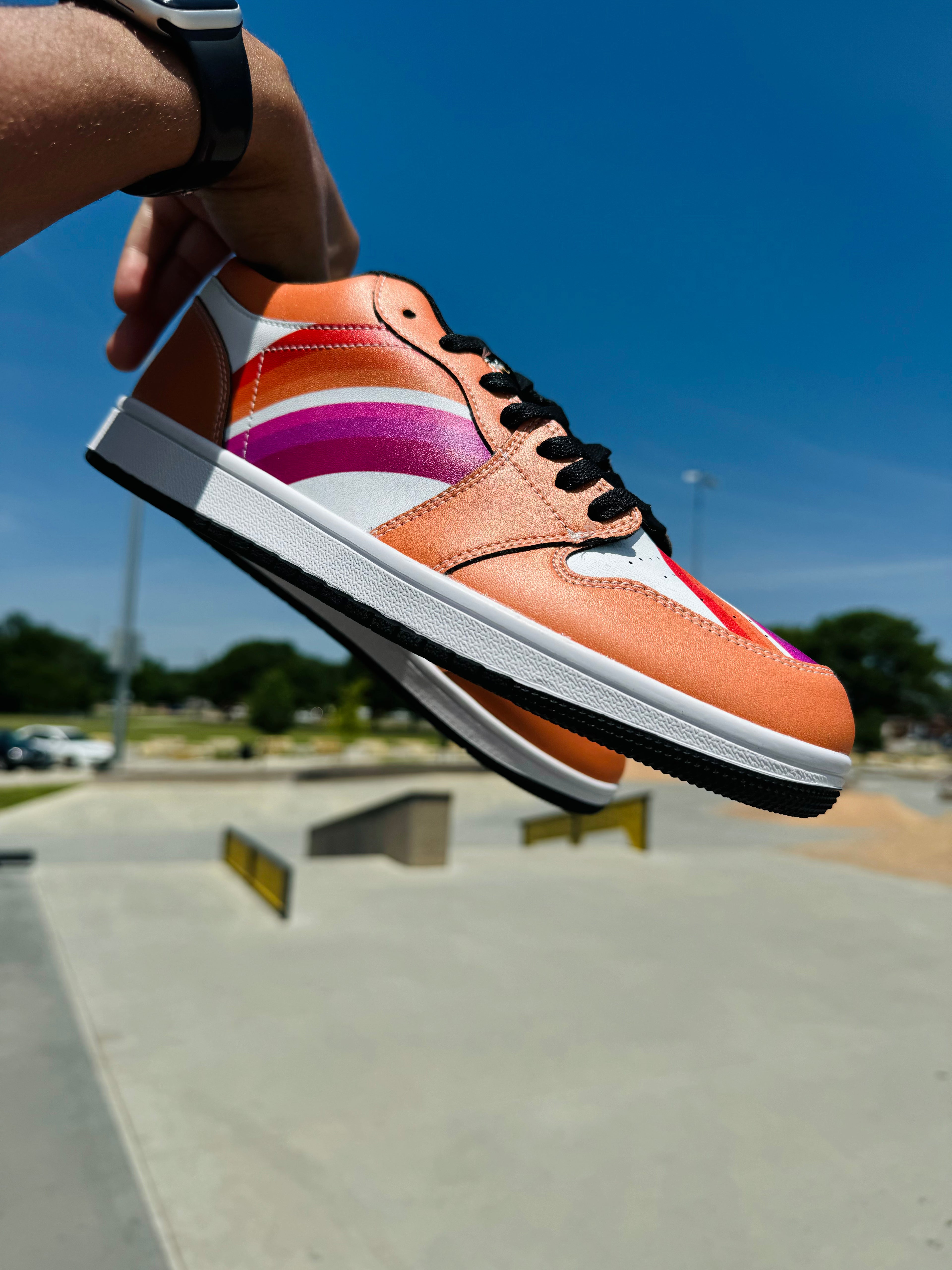 Sunset lesbian pride low-top sneakers, side view — Rose Gold Co