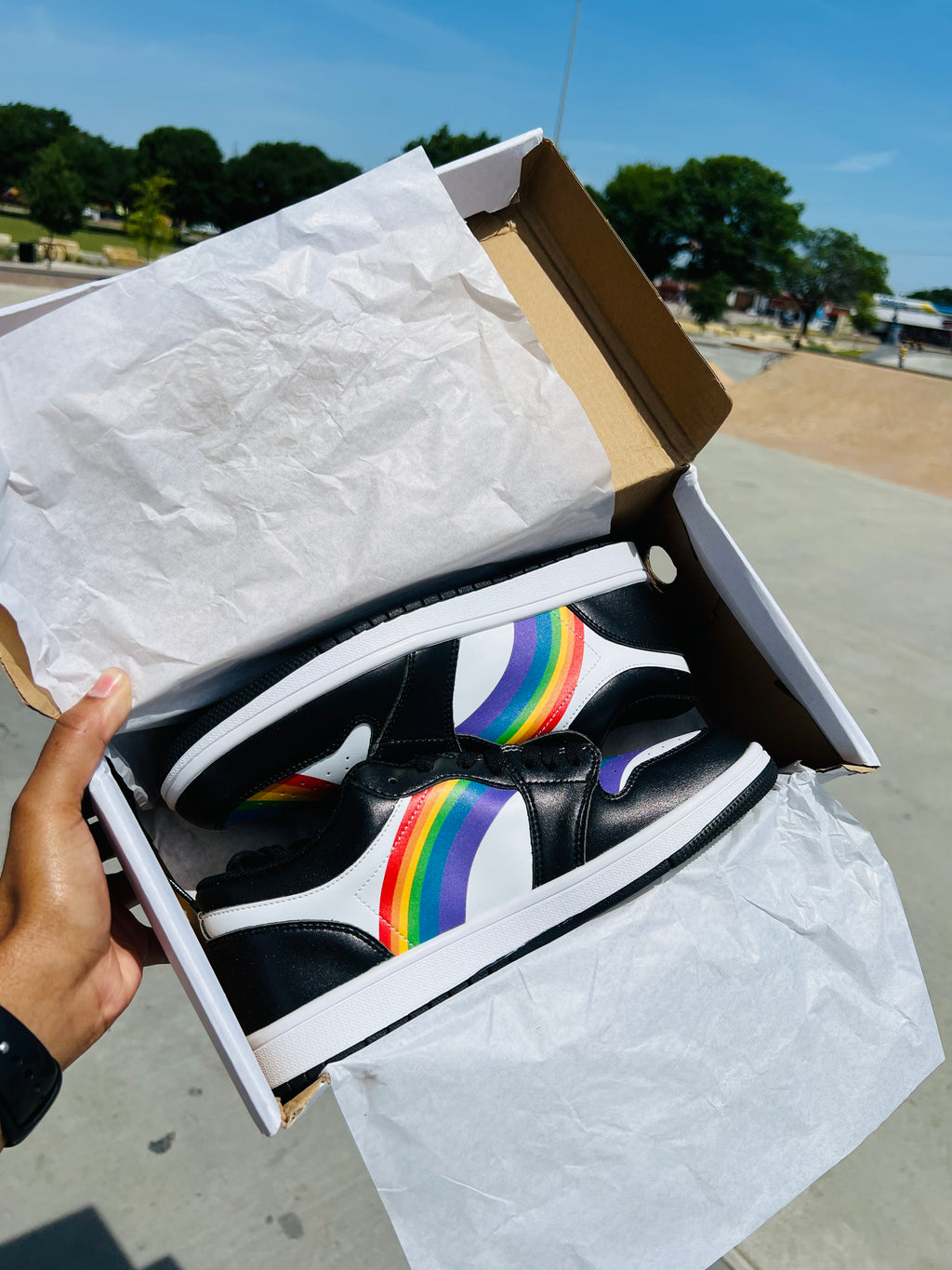 Rainbow pride black low-top sneakers, view 7 — Rose Gold Co
