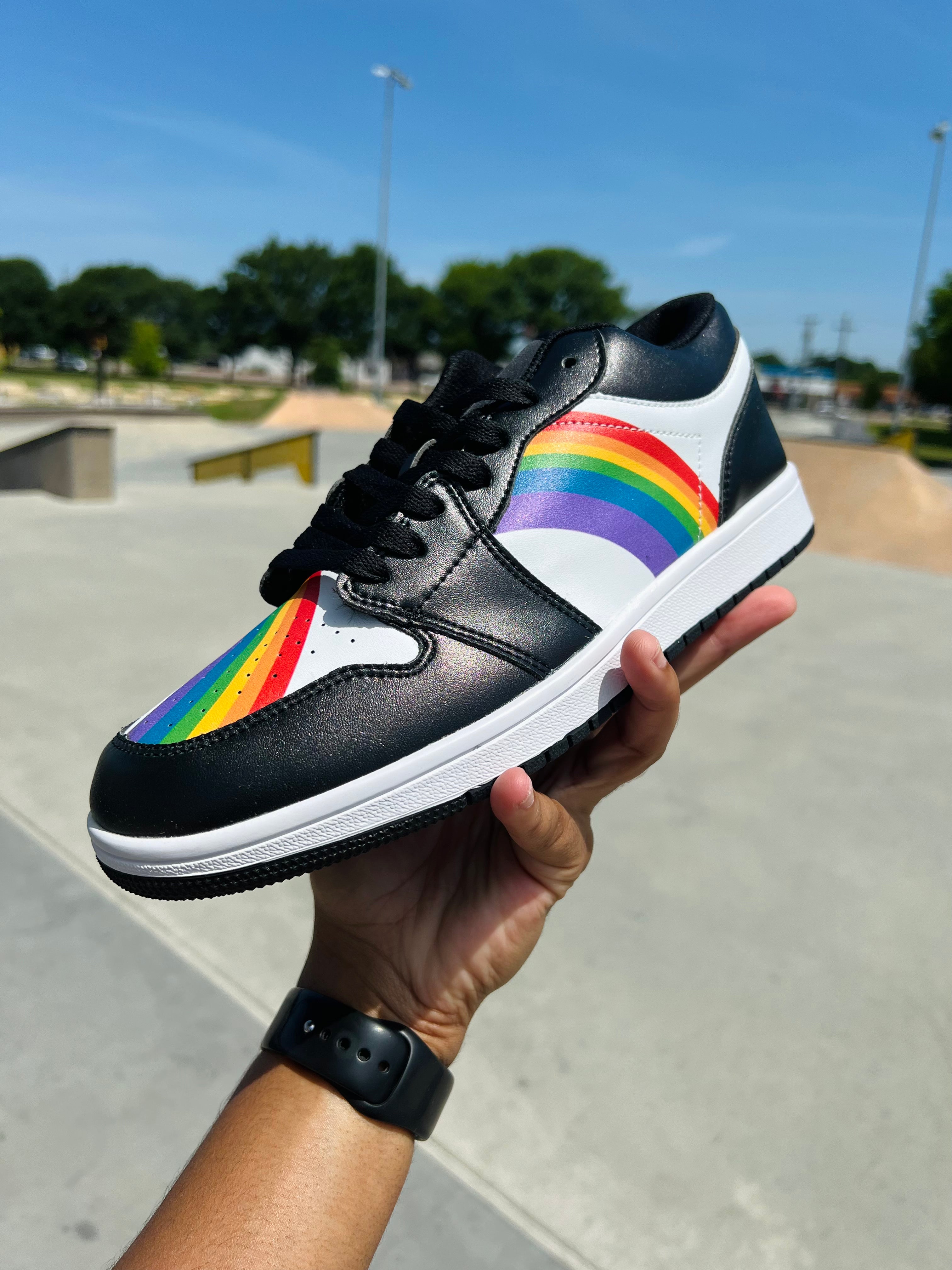 Rainbow pride black low-top sneakers, back view — Rose Gold Co