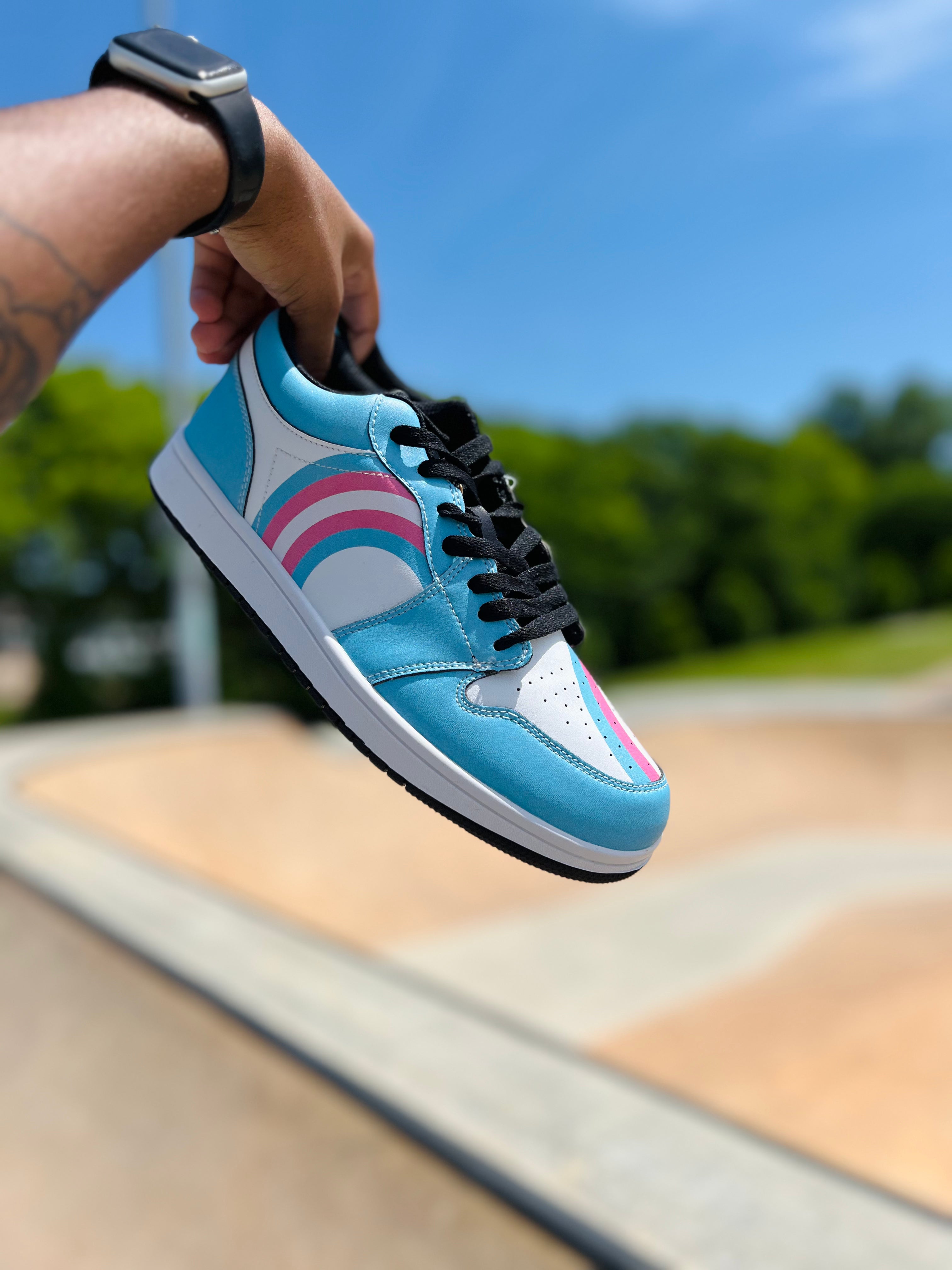 Trans pride low-top leather sneakers, back view — Rose Gold Co