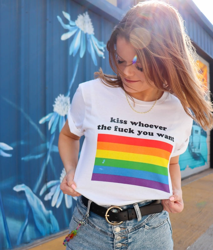 Kiss Whoever Tf You Want rainbow graphic tee, view 4 — Rose Gold Co