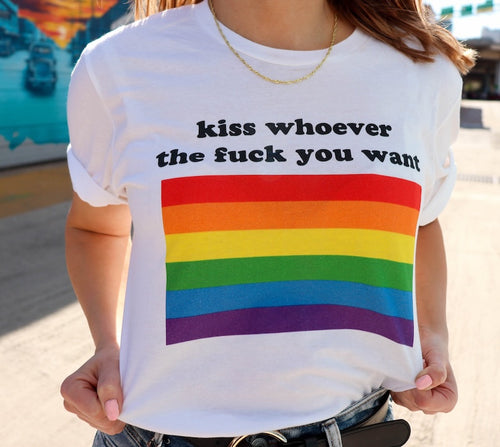 Kiss Whoever Tf You Want rainbow graphic tee, front — Rose Gold Co