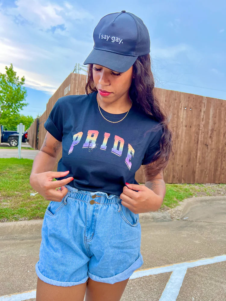 Gay pride rainbow varsity lettering tee — Rose Gold Co
