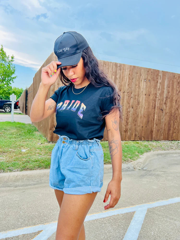 Gay pride rainbow varsity lettering tee, view 2 — Rose Gold Co