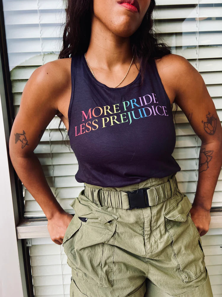 More Pride Less Prejudice tank top, front — Rose Gold Co