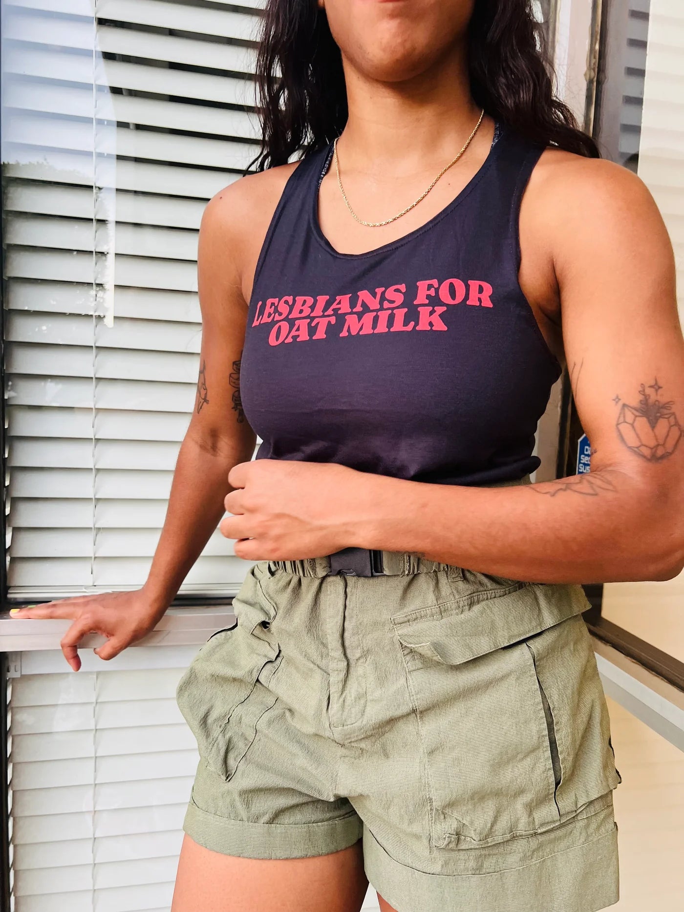 Lesbians For Oatmilk tank top, front — Rose Gold Co