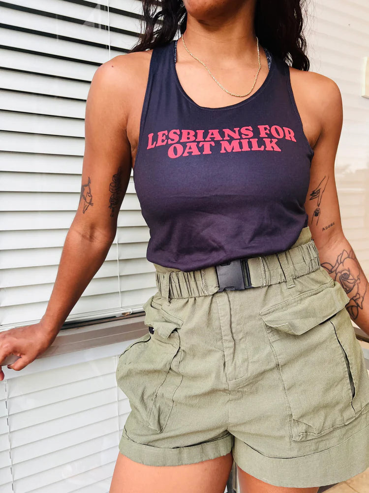 Lesbians For Oatmilk tank top, view 2 — Rose Gold Co
