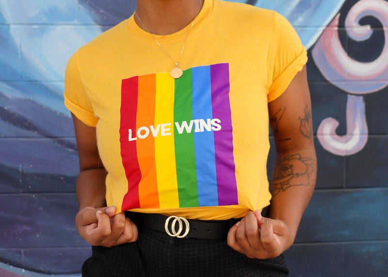 Love Wins rainbow tee, front — Rose Gold Co