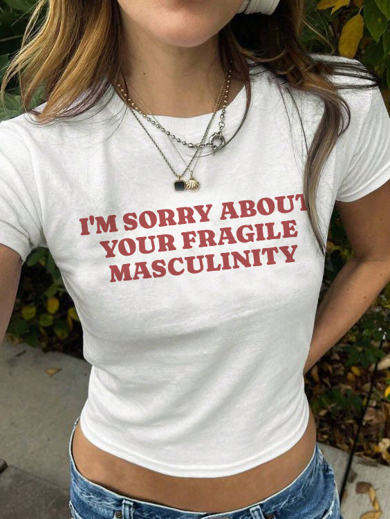 Sorry About Your Fragile Masculinity crop tee, front view — Rose Gold Co