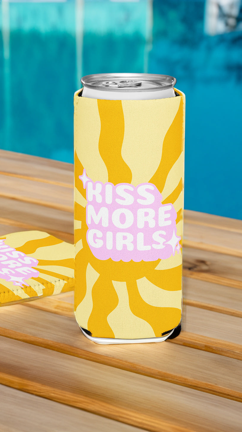 Kiss More Girls can cooler, front view — Rose Gold Co