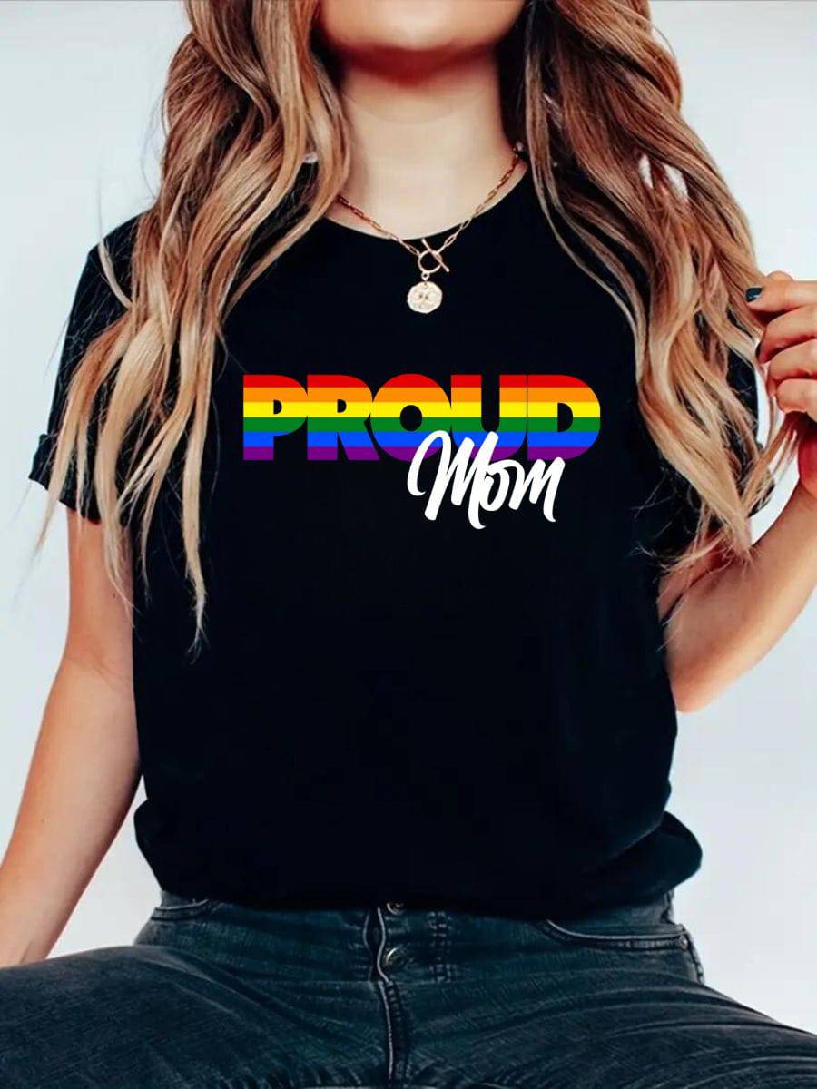 Proud Mom rainbow print ally t-shirt, front view — Rose Gold Co