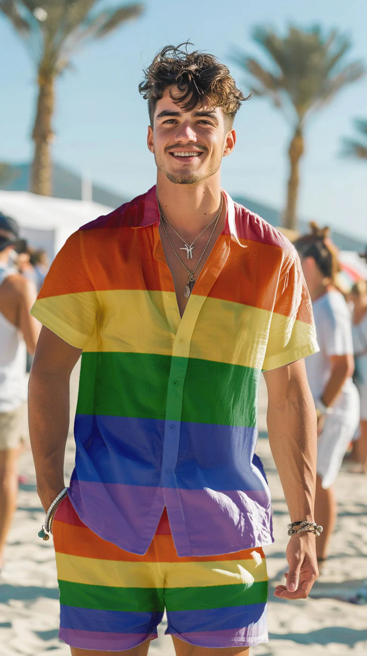 Rainbow stripe LGBT pride Hawaiian button-up shirt — Rose Gold Co
