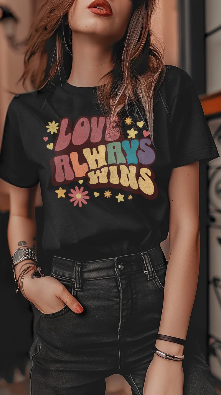 "Love Always Wins" pride slogan tee — Rose Gold Co