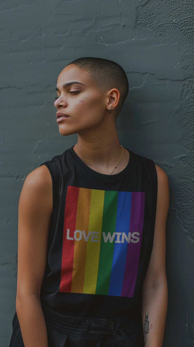 Love Wins unisex tank top in black, view 5 — Rose Gold Co
