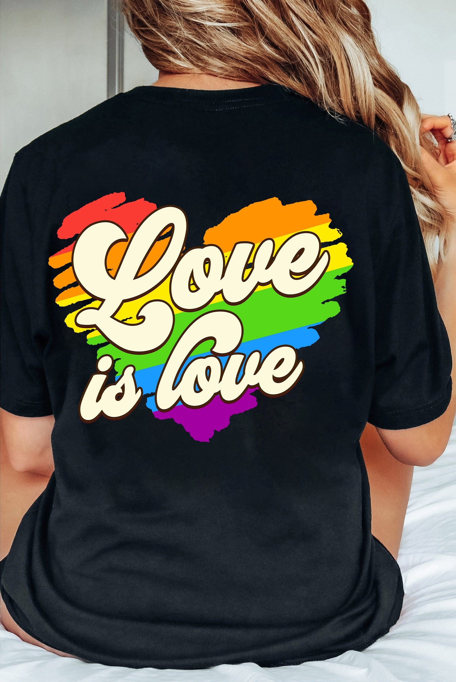 Love Is Love rainbow heart tee, front view — Rose Gold Co