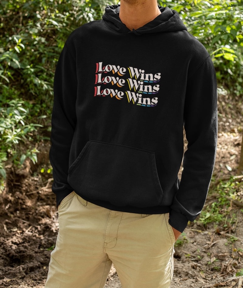 Love Wins rainbow shadow hoodie, front view — Rose Gold Co