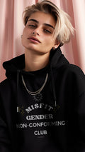 Misfit Club gender nonconforming hoodie, front view — Rose Gold Co
